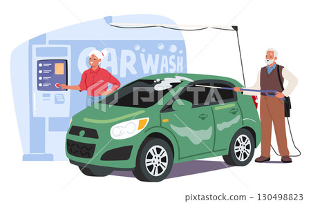 Elderly couple characters cleaning vehicle at automated self-service car wash station cartoon scene Elderly couple characters cleaning vehicle at automated self-service car wash station cartoon scene 130498823