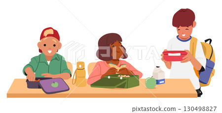 Happy hungry classmates eating lunch while sitting at table in school canteen cartoon scene Happy hungry classmates eating lunch while sitting at table in school canteen cartoon scene 130498827