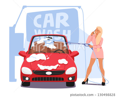 Beautiful fashion lady character talking by phone while washing car at self-service cartoon scene Beautiful fashion lady character talking by phone while washing car at self-service cartoon scene 130498828