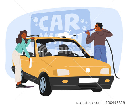 Happy loving young family couple cleaning automobile at self-service carwash cartoon scene Happy loving young family couple cleaning automobile at self-service carwash cartoon scene 130498829