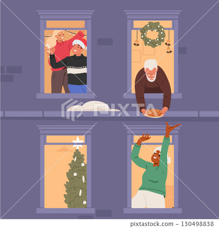 Happy loving couple and elderly man, woman neighbors celebrating Christmas together in window frames Happy loving couple and elderly man, woman neighbors celebrating Christmas together in window frames 130498838