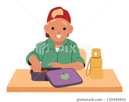 Primary age schoolboy cartoon character eating natural organic healthy breakfast at canteen table 130498842