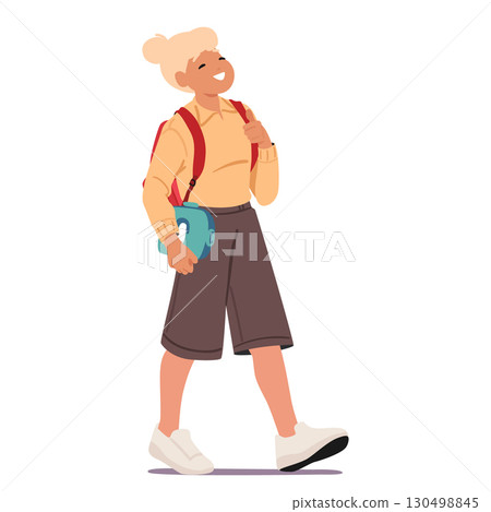 Teenage schoolgirl cartoon character walking carrying backpack and lunchbox with breakfast Teenage schoolgirl cartoon character walking carrying backpack and lunchbox with breakfast 130498845