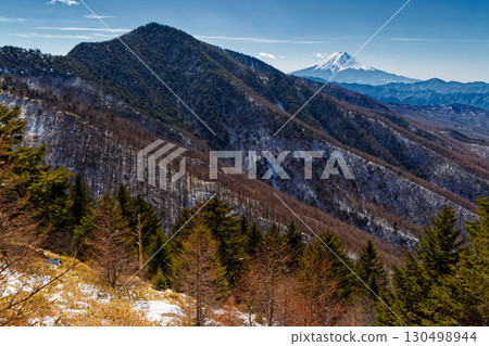 Mount Fuji and Mount Koganezawa seen from the climb to Daibosatsu and Ishimaru Pass Mount Fuji and Mount Koganezawa seen from the climb to Daibosatsu and Ishimaru Pass 130498944