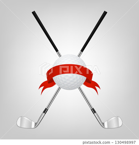 Golf Ball with Red Ribbon and Crossed Clubs Vector Illustration, Isolated Golf Icon for Sports Design, Golf Tournament Symbol, Golf Ball and Clubs Emblem for Competition, Championship Concept 130498997
