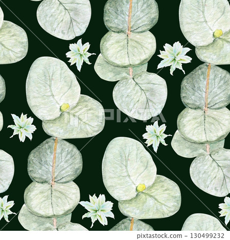 Eucalyptus branch with round leaves and flowers watercolor seamless pattern on dark background. Hand-painted art ideal for textile, natural cosmetics branding, packaging, fabric, eco decor, stationery Eucalyptus branch with round leaves and flowers watercolor seamless pattern on dark background. Hand-painted art ideal for textile, natural cosmetics branding, packaging, fabric, eco decor, stationery 130499232
