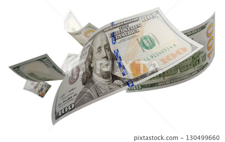 Randomly Falling U.S. 100 Dollar Bills Isolated on a White Background. 130499660