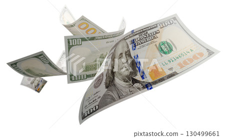 Randomly Falling U.S. 100 Dollar Bills Isolated on a White Background. 130499661