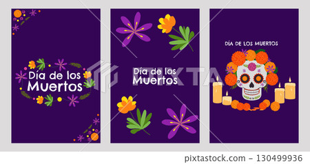 Day of the Dead Mexico poster set. National holiday September 16, Cinco de Mayo. Dia De Los Muertos. Colorful Mexican flowers. Fiesta poster party flyer greeting card. Vector illustration 130499936
