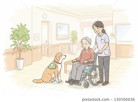 Smiling caregivers and elderly people, and assistance dogs providing safe support 130500836
