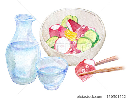 Watercolor illustration, hand-drawn illustration, cold sake and octopus vinegar dish 130501222