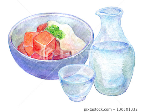 水彩插圖、手繪插圖、鮪魚塊和冷酒 130501332