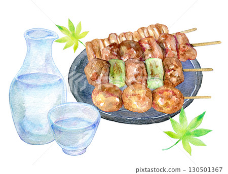 Watercolor illustration, hand-drawn illustration, yakitori and cold sake 130501367
