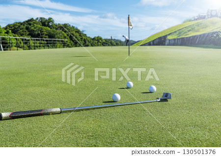 美麗的綠色高爾夫球場和白球 美麗的綠色高爾夫球場和白球 130501376