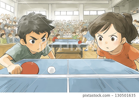 乒乓球比賽：激烈對打場面 130501635