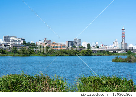 千波湖與街景（茨城縣水戶市） 130501803