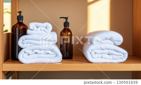 Spa treatment set, wooden shelf with neatly folded towels and dispensers for soap, cream, massage oil 130501839