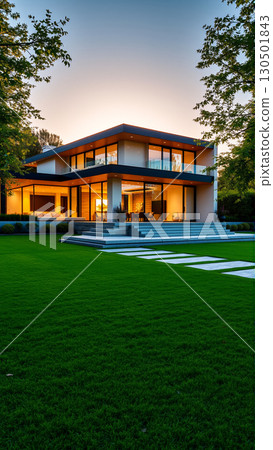 The modern individual residential house is surrounded by a well-groomed beautiful lawn 130501843
