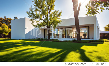 The modern individual residential house is surrounded by a well-groomed beautiful lawn 130501845