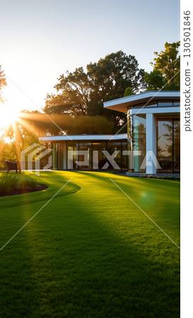 The modern individual residential house is surrounded by a well-groomed beautiful lawn 130501846