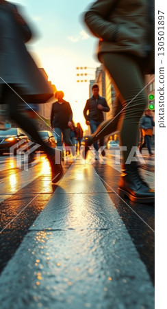 A lot of people walk along the pedestrian crossing during rush hour 130501897