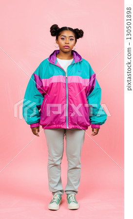 Young girl with bright face makeup on pink background. Girl dressed in a vintage sports windbreaker 130501898