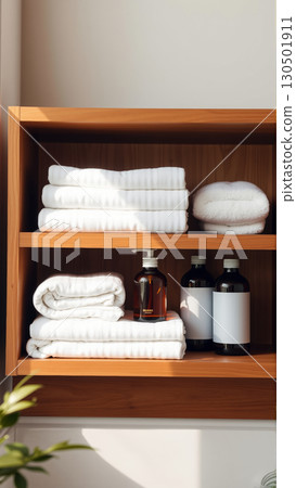 Spa treatment set, wooden shelf with neatly folded towels and dispensers for soap, cream, massage oil 130501911