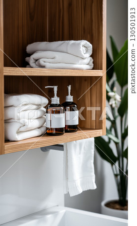 Spa treatment set, wooden shelf with neatly folded towels and dispensers for soap, cream, massage oil 130501913