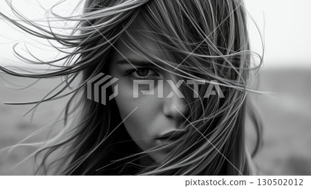 Monochrome portrait of a beautiful woman. Strong wind blows your hair 130502012