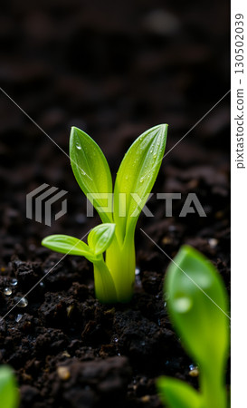 Crop sprouts close-up. Sprouts break through the ground 130502039