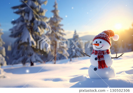Illustration of a smiling snowman in a winter landscape - AI-generated illustration 130502306