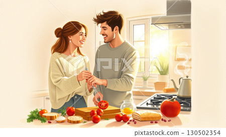 Married couple hugging in the morning in the kitchen. Man and woman in love hugging in the rays of the morning sun 130502354
