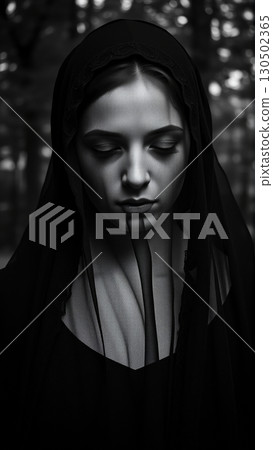 Portrait of a Woman in a Black Mourning Veil on Her Head 130502365