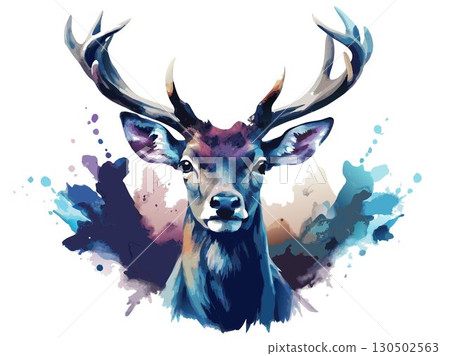 Dramatic watercolor deer, dark and moody colors, intense gaze, conveying a sense of power and mystery. 130502563