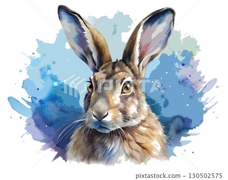 A realistic watercolor hare, detailed fur texture, natural colors, and lifelike pose in a natural setting. A realistic watercolor hare, detailed fur texture, natural colors, and lifelike pose in a natural setting. 130502575