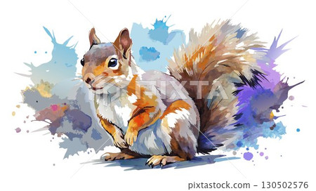 Realistic watercolor squirrel, detailed fur texture, natural colors, lifelike depiction in a natural setting. 130502576