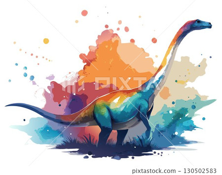 An abstract watercolor, using bold strokes and earthy tones, expressing the raw power and immense size of the Antarctosaurus. 130502583