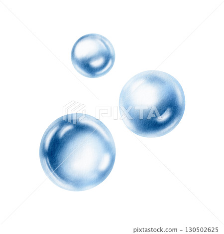 Delicate air bubbles float in a serene aquatic dance,captured in soft blue watercolor monochrome.For ethereal designs and ocean-inspired projects.Hand drawn illustration for aquatic arrangements 130502625