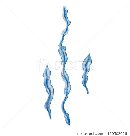 Stylized laminaria kelp sways in a serene blue underwater wild world.Simple watercolor textures in monochrome create a peaceful marine ambiance,for oceanic designs and themed parties 130502626