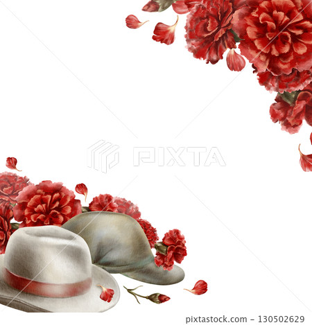 The 1974 Carnation Revolution in Portugal,square frame,civilian hats and soldiers berets became symbols of peaceful tide,all unfolding among blossoms of red carnations.Watercolor illustration,template 130502629
