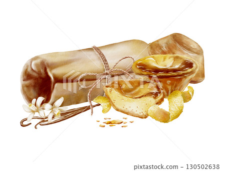 Portuguese traditional tart pastel de nata with textured creamy custard,lemon flowers,pods of vanilla,kraft paper scroll in horizontal vintage view tied rope in a bow.Watercolor illustration Portuguese traditional tart pastel de nata with textured creamy custard,lemon flowers,pods of vanilla,kraft paper scroll in horizontal vintage view tied rope in a bow.Watercolor illustration 130502638