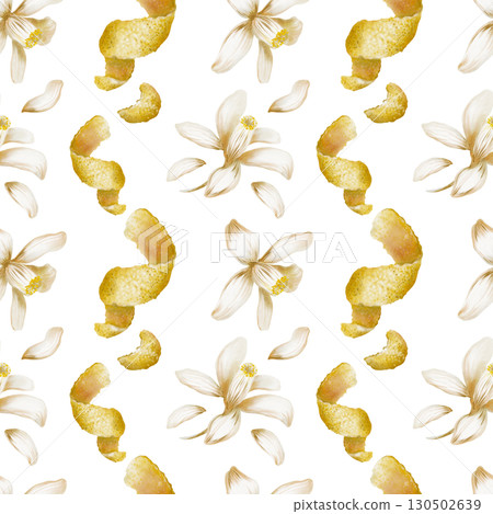 Seamless pattern of blooming white lemon tree flowers,lemon peel,zest spirals and curls-fragrant garnish for menu,refreshing backgrounds,aromatic spice,for recipes,bar.Watercolor illustration 130502639