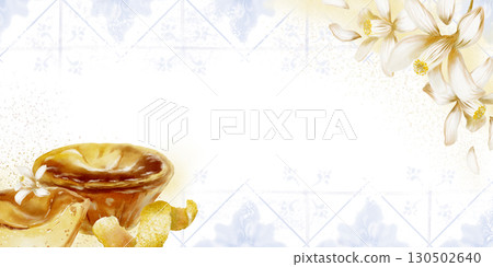 Template pasteis de nata with textured creamy custard-traditional Portuguese dessert with lemon peel,zest spirals,lemon flowers.Watercolor illustration with splatter yellow spots and tile background 130502640