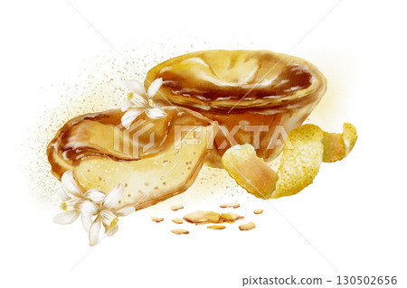 Halved and whole pasteis de nata with textured creamy custard and crumbs-traditional Portuguese dessert with lemon peel,zest spirals,lemon flowers.Watercolor illustration with splatter yellow spots 130502656