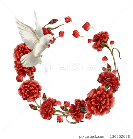Floral wreath-white pigeon soaring in air with red carnations,dove spread its wings as a symbol of the revolution's peaceful nature.Hand drawn watercolor illustration isolated on white 130502658