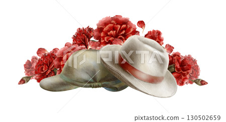 The 1974 Carnation Revolution in Portugal,where civilian hat and soldier beret became symbols of its peaceful tide,all unfolding among blossoms of red carnations.Watercolor isolated illustration The 1974 Carnation Revolution in Portugal,where civilian hat and soldier beret became symbols of its peaceful tide,all unfolding among blossoms of red carnations.Watercolor isolated illustration 130502659