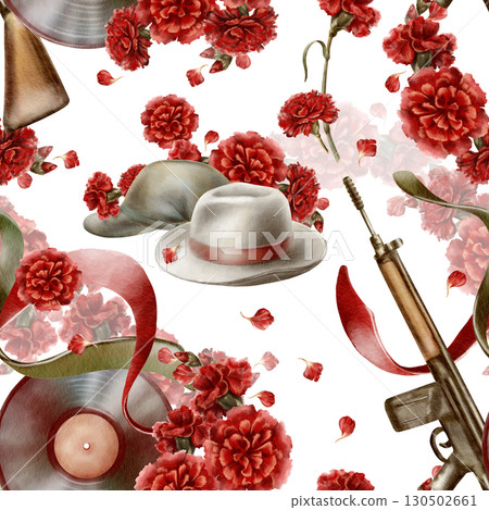 Seamless pattern Portuguese revolution of carnations symbols watercolor illustration.Portugal Freedom day with vintage rifle,red flowers,vinyl,civilian hat and soldier cap,ribbons in national colors Seamless pattern Portuguese revolution of carnations symbols watercolor illustration.Portugal Freedom day with vintage rifle,red flowers,vinyl,civilian hat and soldier cap,ribbons in national colors 130502661