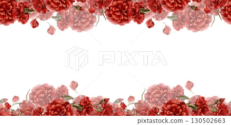 Seamless border of red carnation flower as a symbol of the Portuguese revolution on April 25, 1974,symbol of freedom from totalitarian regime in the state Isolated Watercolor clipart in vintage style 130502663