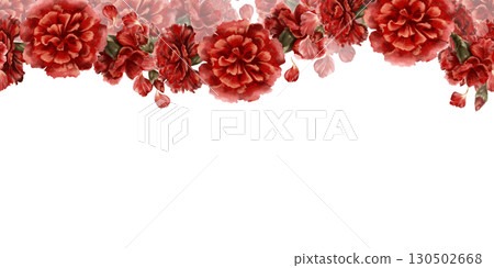 Seamless border of red carnation flower as a symbol of mothers day,love,passion,valentine's day confessions.Isolated watercolor hand-drawn illustration in vintage style as element for card,banner 130502668