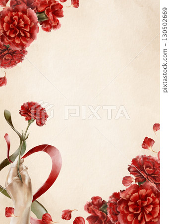 Template for poster of Portuguese revolution of carnations,symbols red flower upward-raised hand with ribbons colored national flag.Watercolor illustration on vintage background Template for poster of Portuguese revolution of carnations,symbols red flower upward-raised hand with ribbons colored national flag.Watercolor illustration on vintage background 130502669